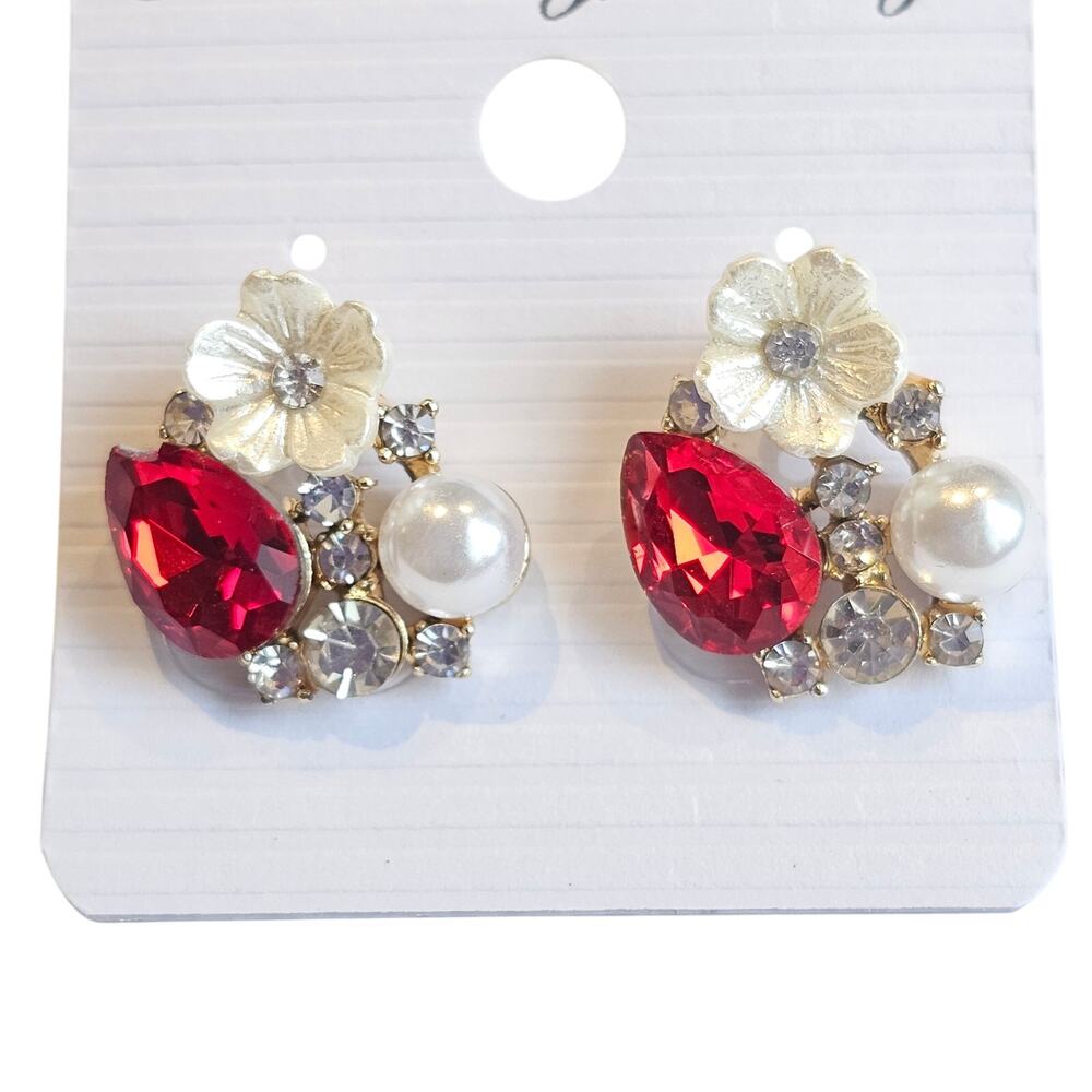 Pearl Flower Stud Red Earrings Crystal Teardrop Rhinestone Women w/ Gift Bag